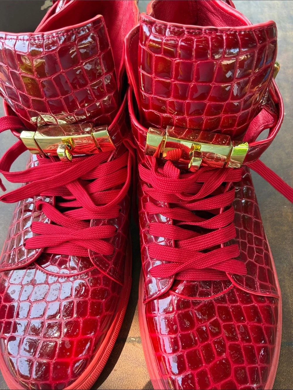 Red Croc-Embossed High-Top Sneakers with Gold Hardware